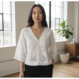 Lovestitch Top Womens Size S  Button Up Cream Boho Floral Cut Out Eyelet Notched